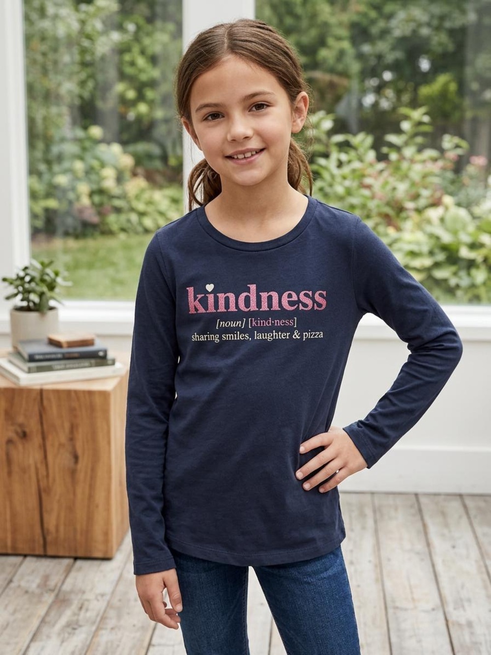 Joe Fresh Navy Long-Sleeve Tee with Pink "Kindness" Graphic